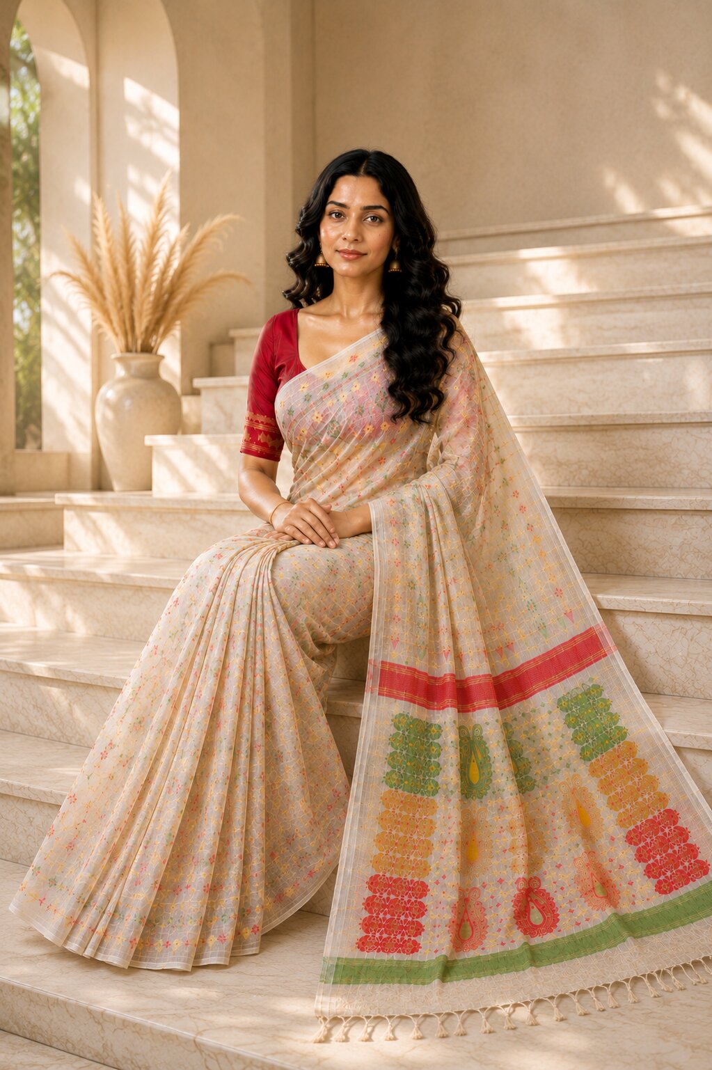 Laa Calcutta White & Multi cotton blend jamdani saree
