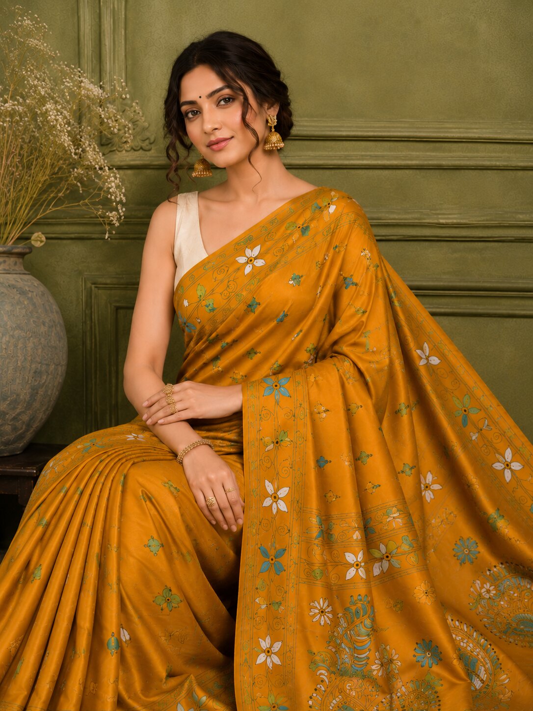 Laa Calcutta Yellow & Multi hand-stitch embroidary silk blend kantha stitch saree