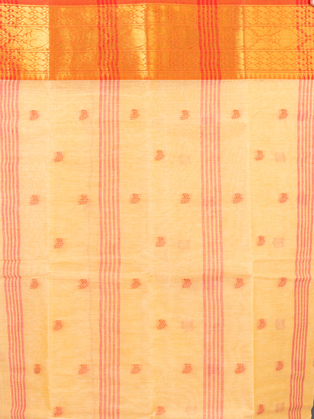 Beige & Red pure cotton taant saree