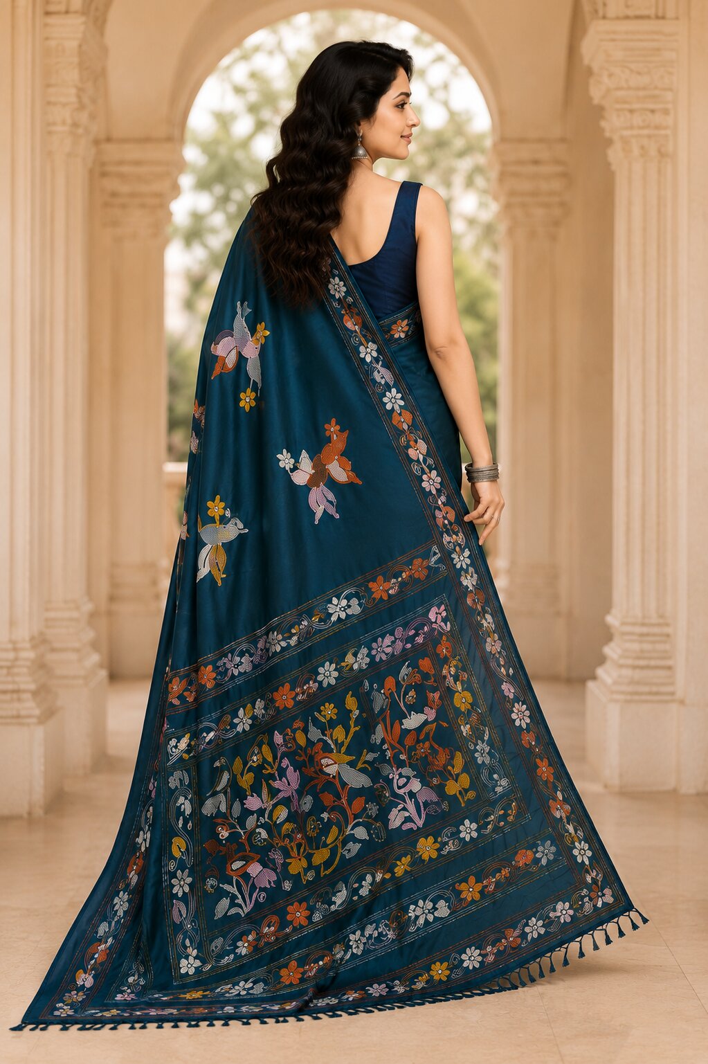Laa Calcutta Navy Blue & Multi hand-stitch embroidary silk blend kantha stitch saree