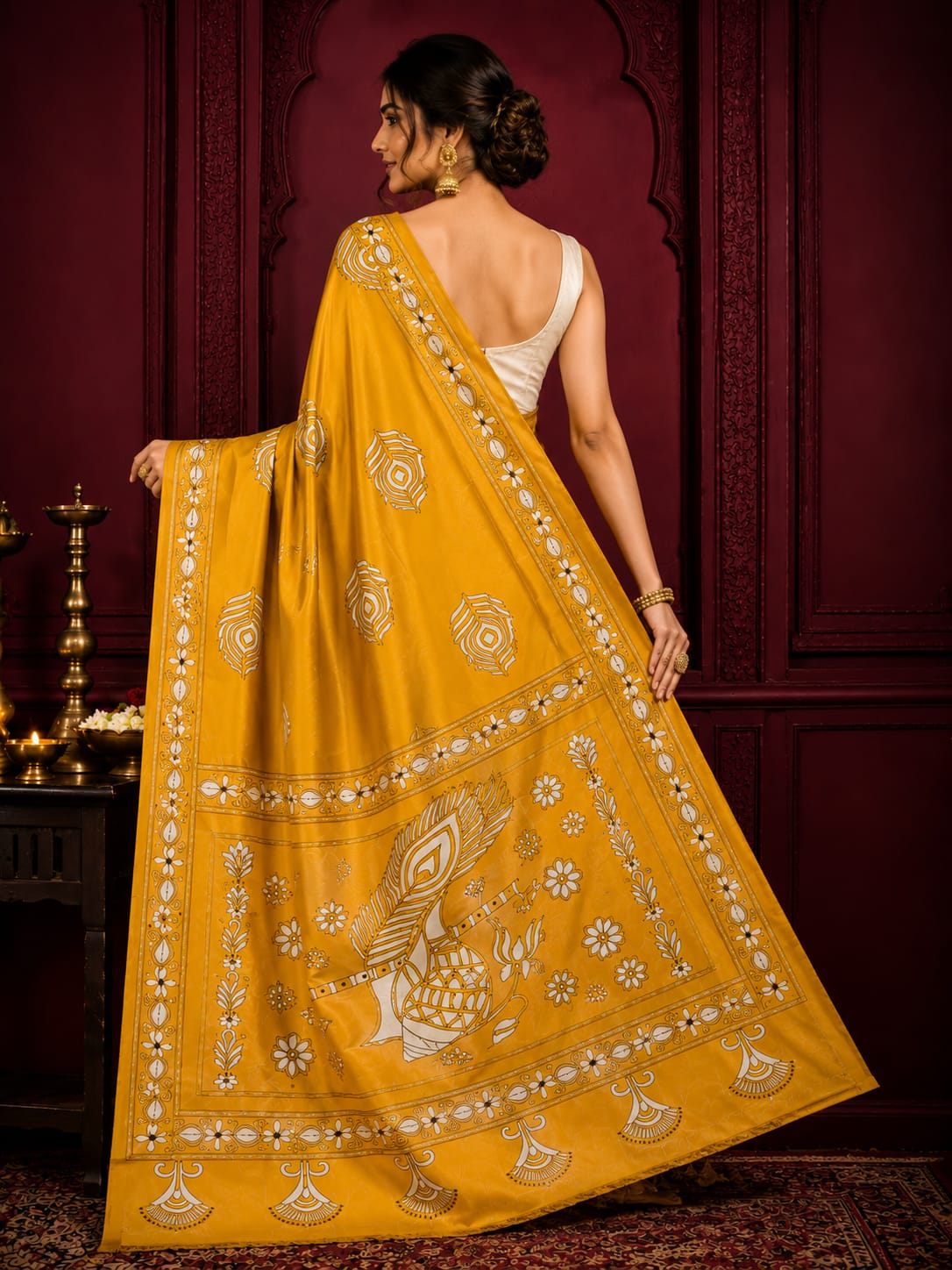 Laa Calcutta Yellow & White hand-stitch embroidary silk blend kantha stitch saree