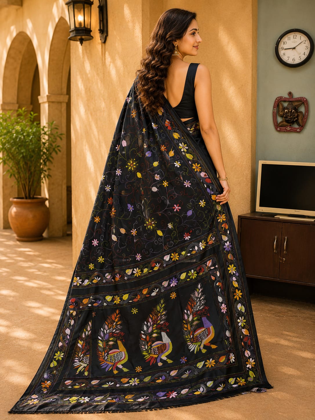 Laa Calcutta Black & Multi hand-stitch embroidary silk blend kantha stitch saree