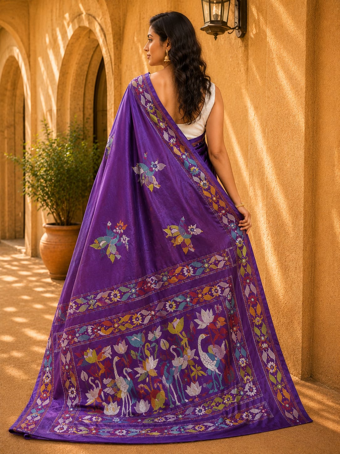 Laa Calcutta Purple & Multi hand-stitch embroidary silk blend kantha stitch saree