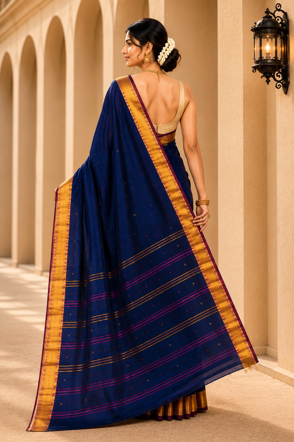 Laa Calcutta Navy Blue & Multi pure cotton Taant saree