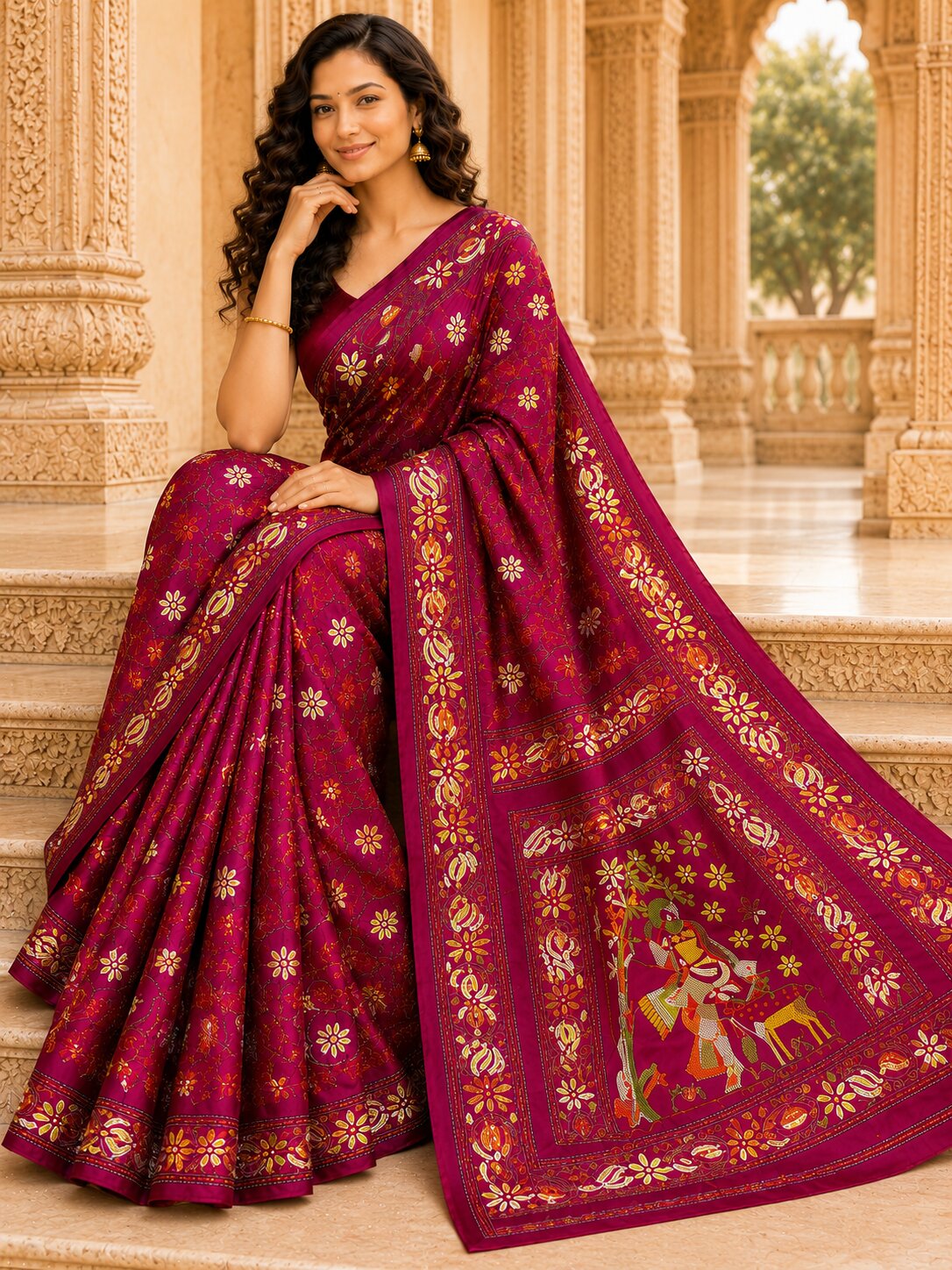 Laa Calcutta Magenta & Multi hand-stitch embroidary silk blend kantha stitch saree