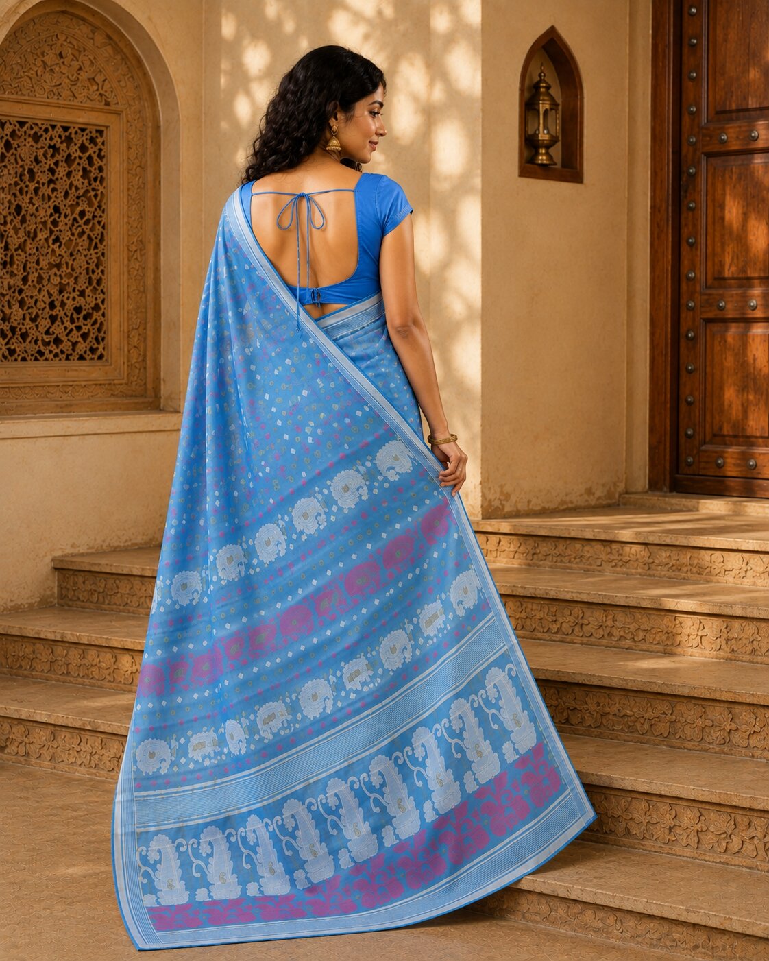 Sea Green & Multi cotton blend jamdani saree
