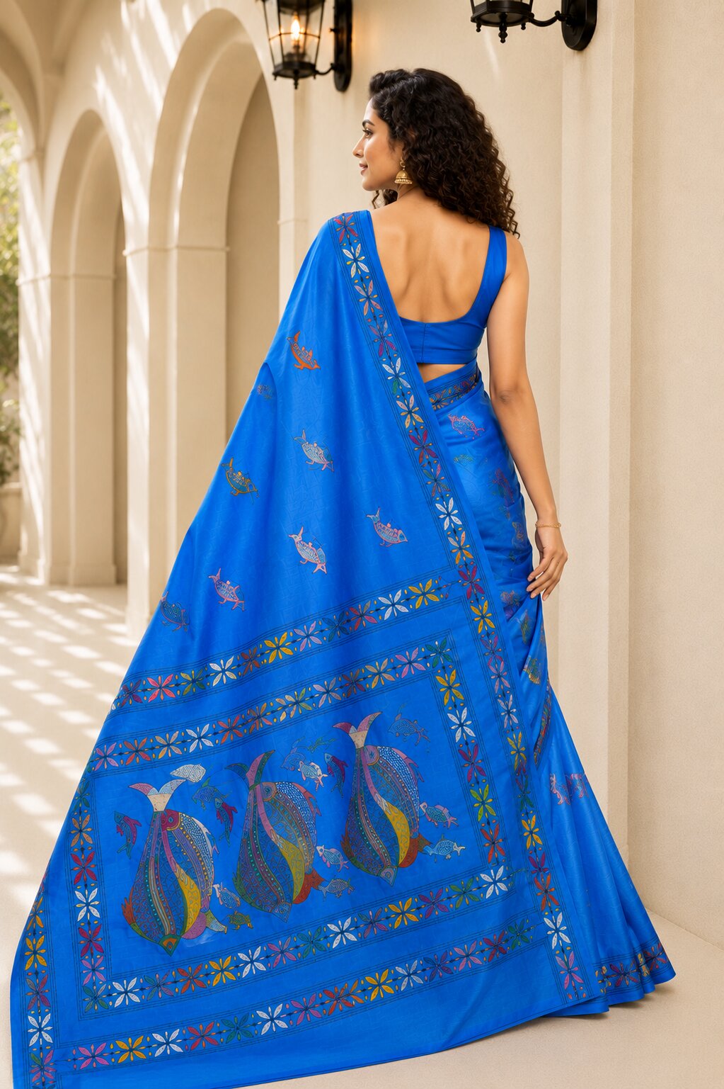 Laa Calcutta Blue & Multi hand-stitch embroidary silk blend kantha stitch saree