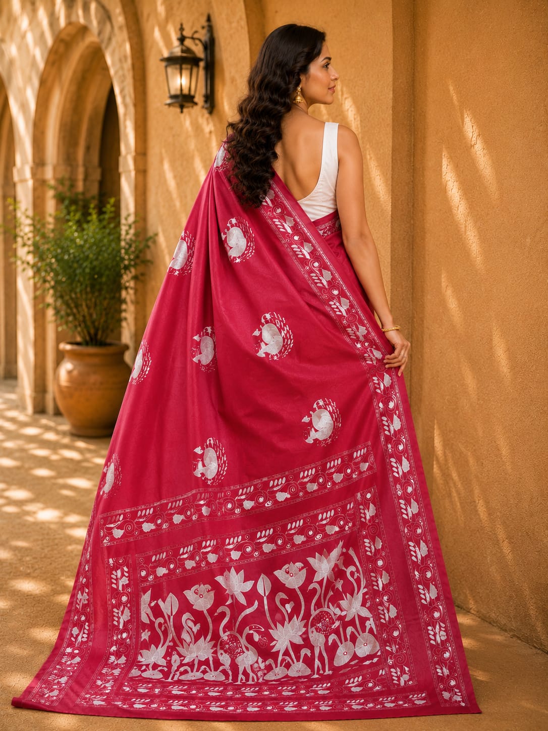 Laa Calcutta Pink & White hand-stitch embroidary silk blend kantha stitch saree
