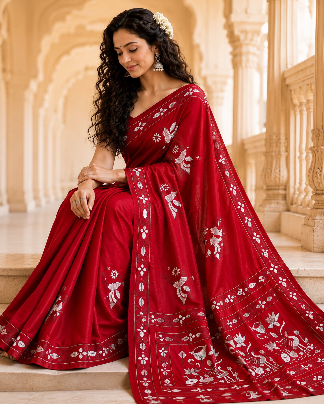 Laa Calcutta Red & White hand-stitch embroidary silk blend kantha stitch saree