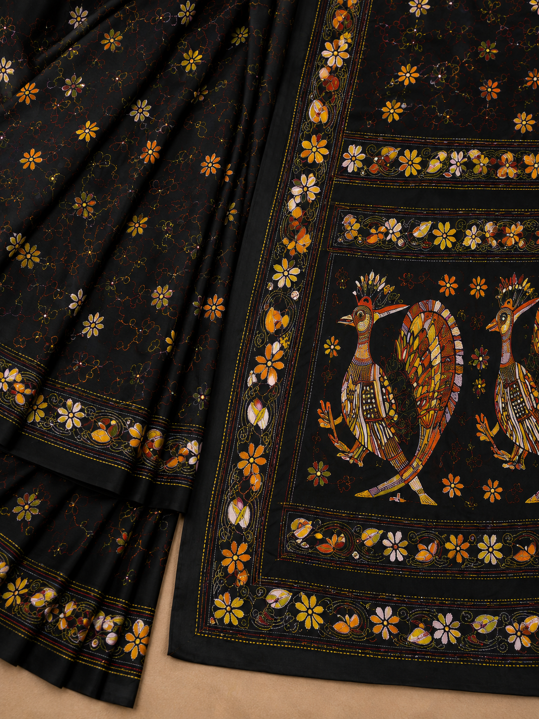 Laa Calcutta Black & Multi hand-stitch embroidary silk blend kantha stitch saree