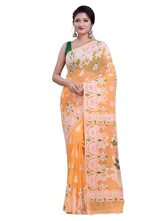 Laa Calcutta Orange & White Traditional Jamdani Saree | Weaved with White Color Cotton Thread and Multi Color Weaved Border | | Sarees without Blouse material FBSRMJ927