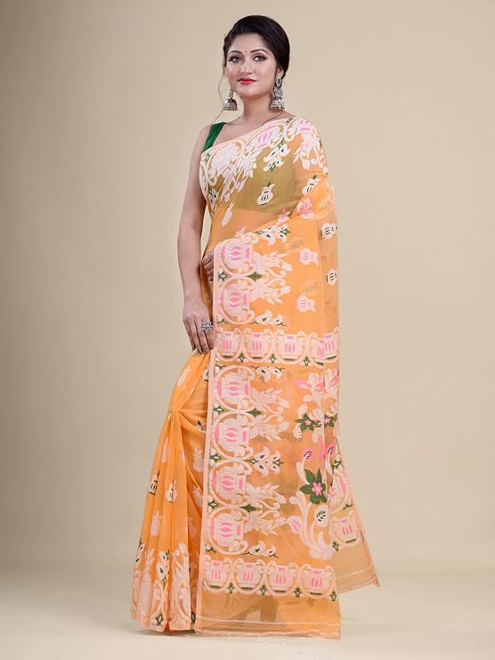 Laa Calcutta Orange & White Traditional Jamdani Saree | Weaved with White Color Cotton Thread and Multi Color Weaved Border | | Sarees without Blouse material FBSRMJ927