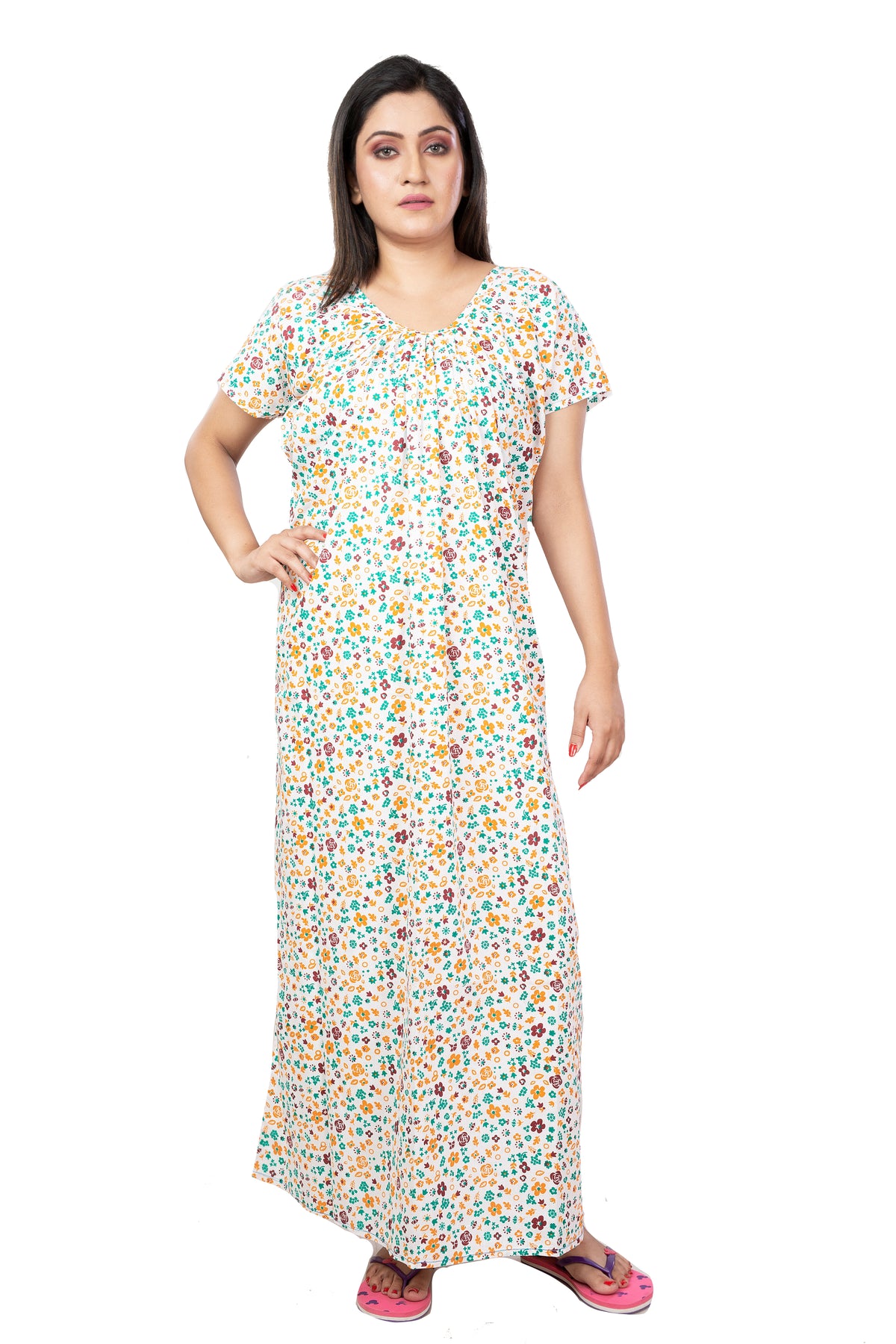 White & Multi  pure cotton floral nighty