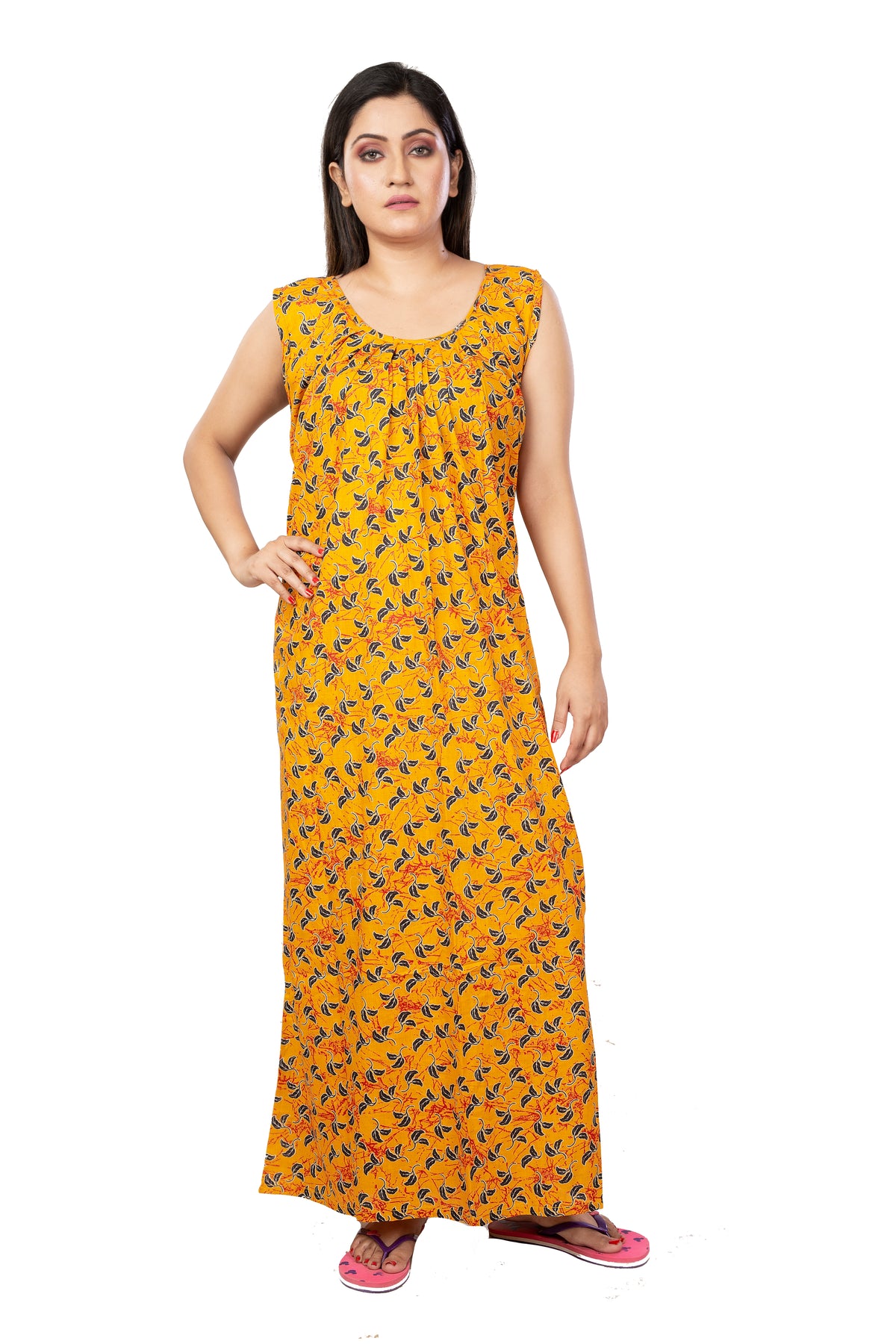 Yellow & Black pure cotton floral nighty