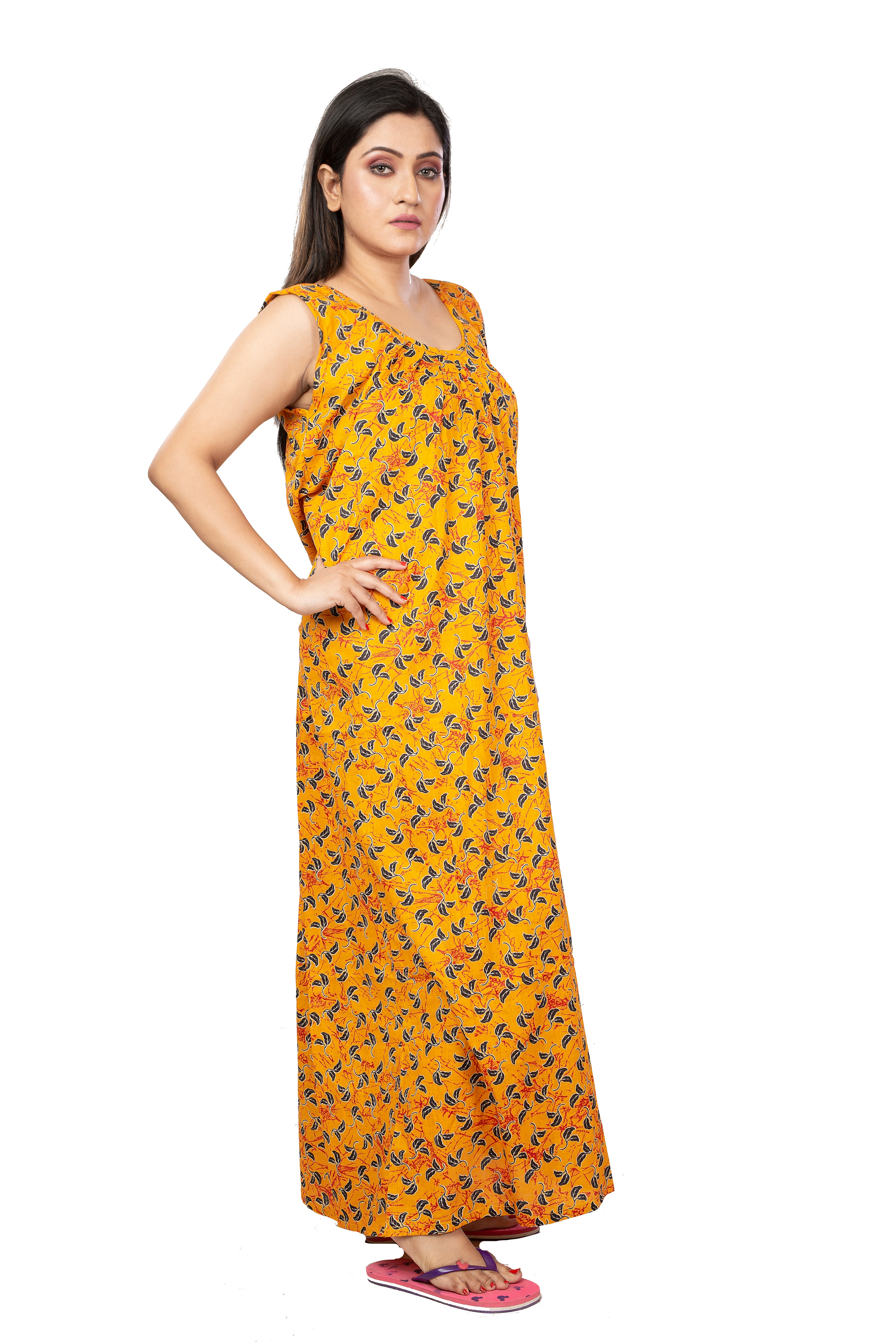 Yellow & Black pure cotton floral nighty