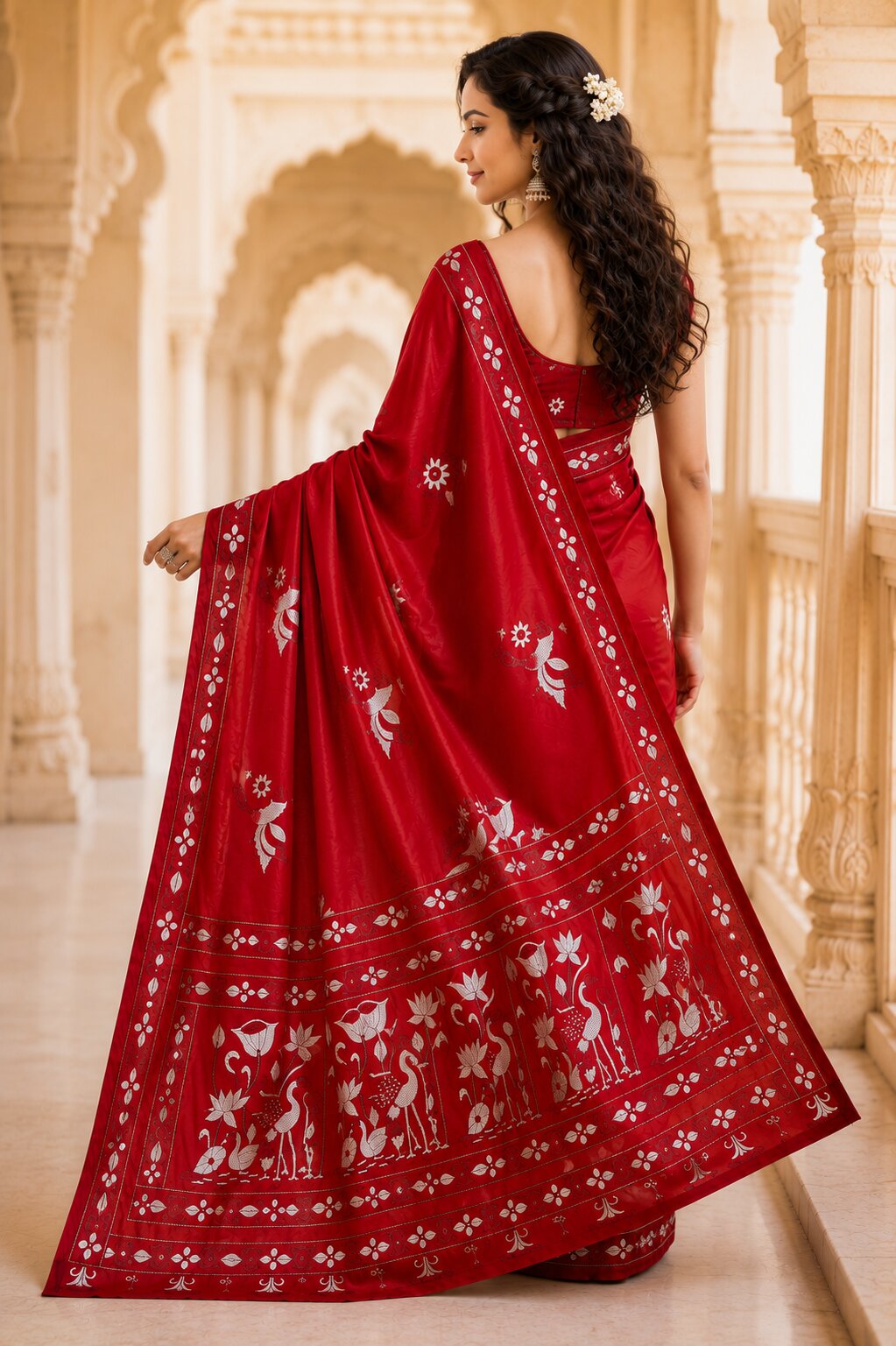 Laa Calcutta Red & White hand-stitch embroidary silk blend kantha stitch saree