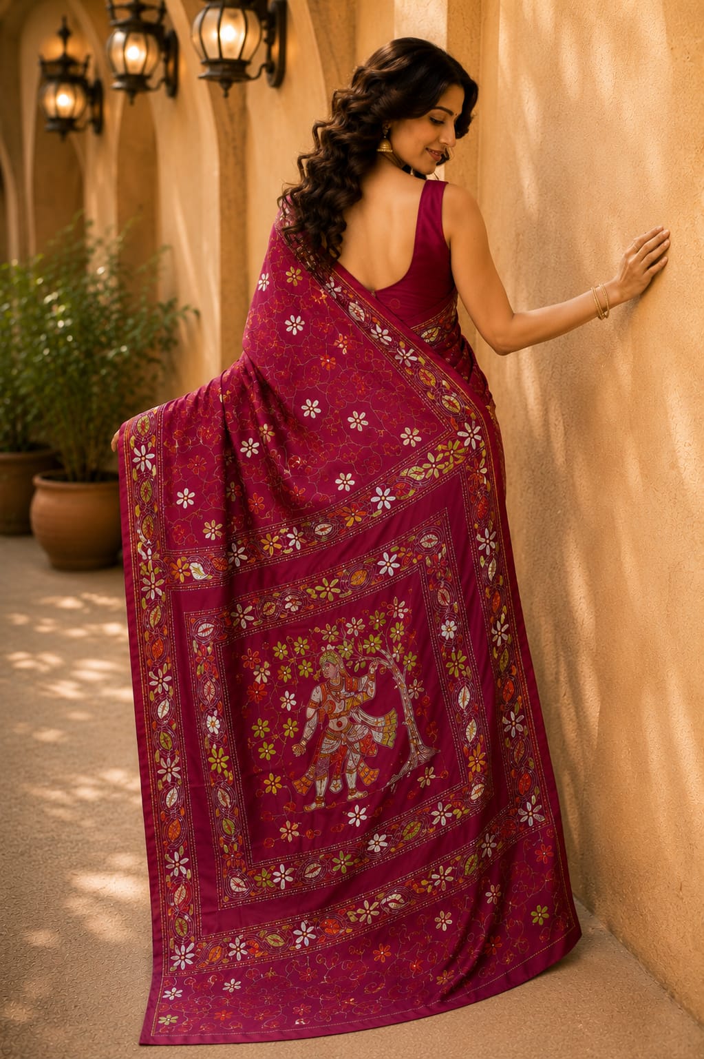 Laa Calcutta Magenta & Multi hand-stitch embroidary silk blend kantha stitch saree