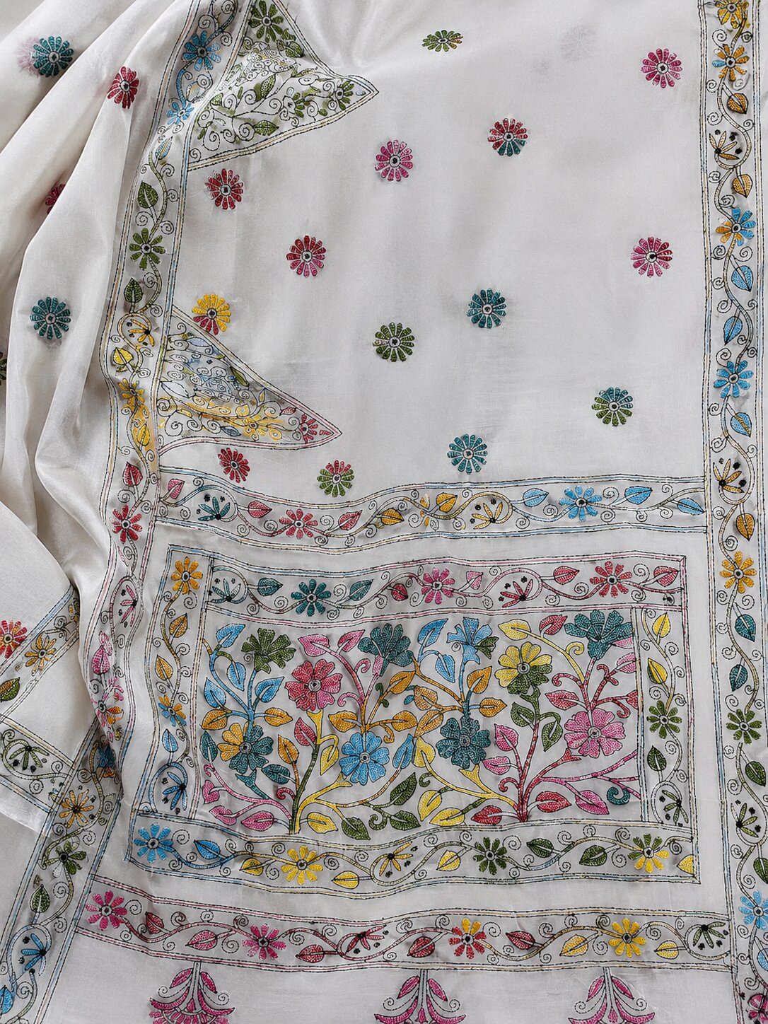 Laa Calcutta White & Multi hand-stitch embroidary silk blend kantha stitch saree