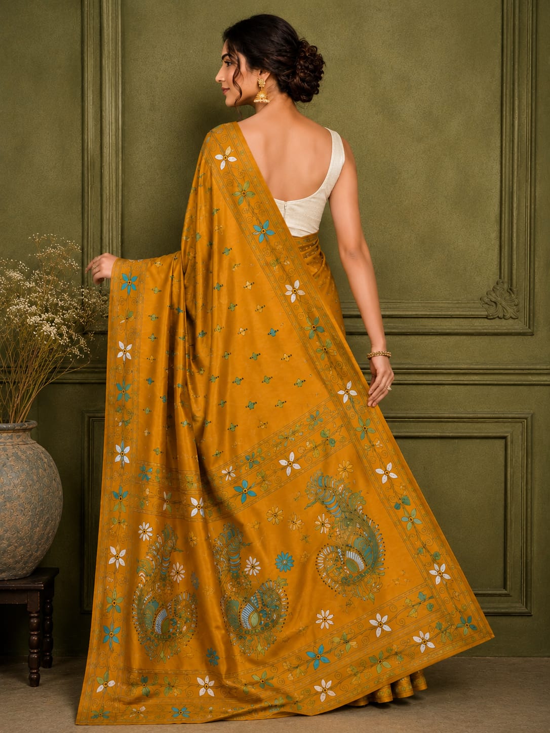 Laa Calcutta Yellow & Multi hand-stitch embroidary silk blend kantha stitch saree