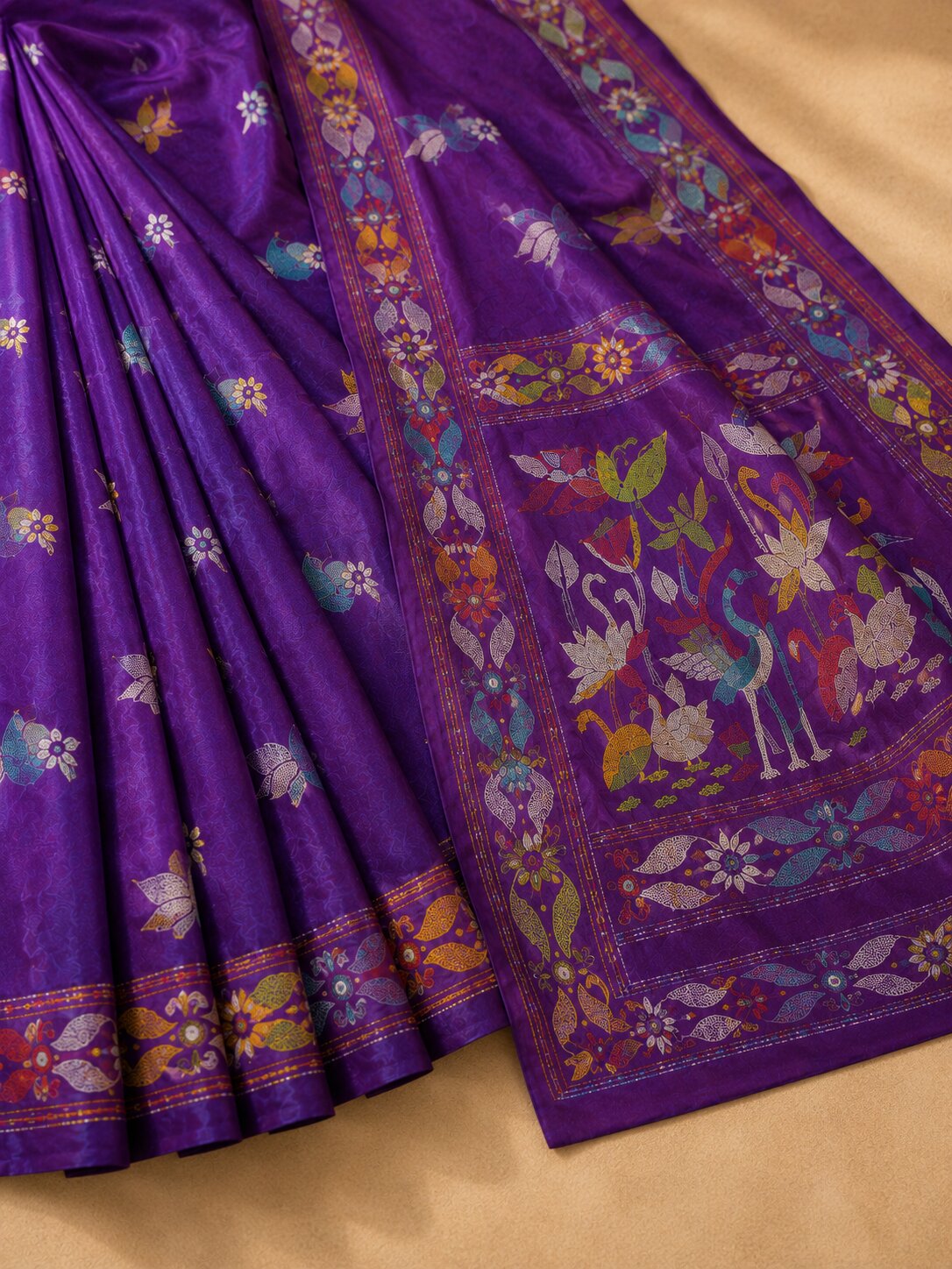 Laa Calcutta Purple & Multi hand-stitch embroidary silk blend kantha stitch saree