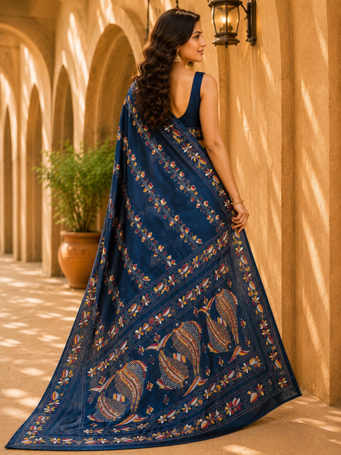 Laa Calcutta Navy Blue & Multi hand-stitch embroidary silk blend kantha stitch saree
