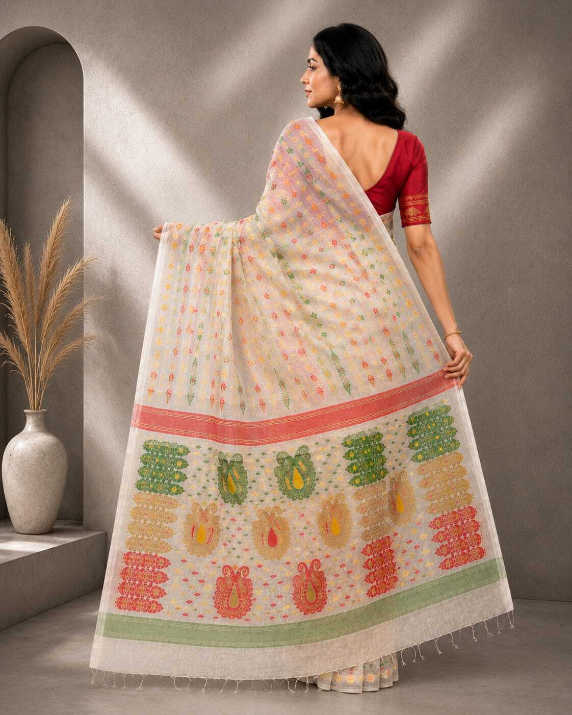 Laa Calcutta White & Multi cotton blend jamdani saree