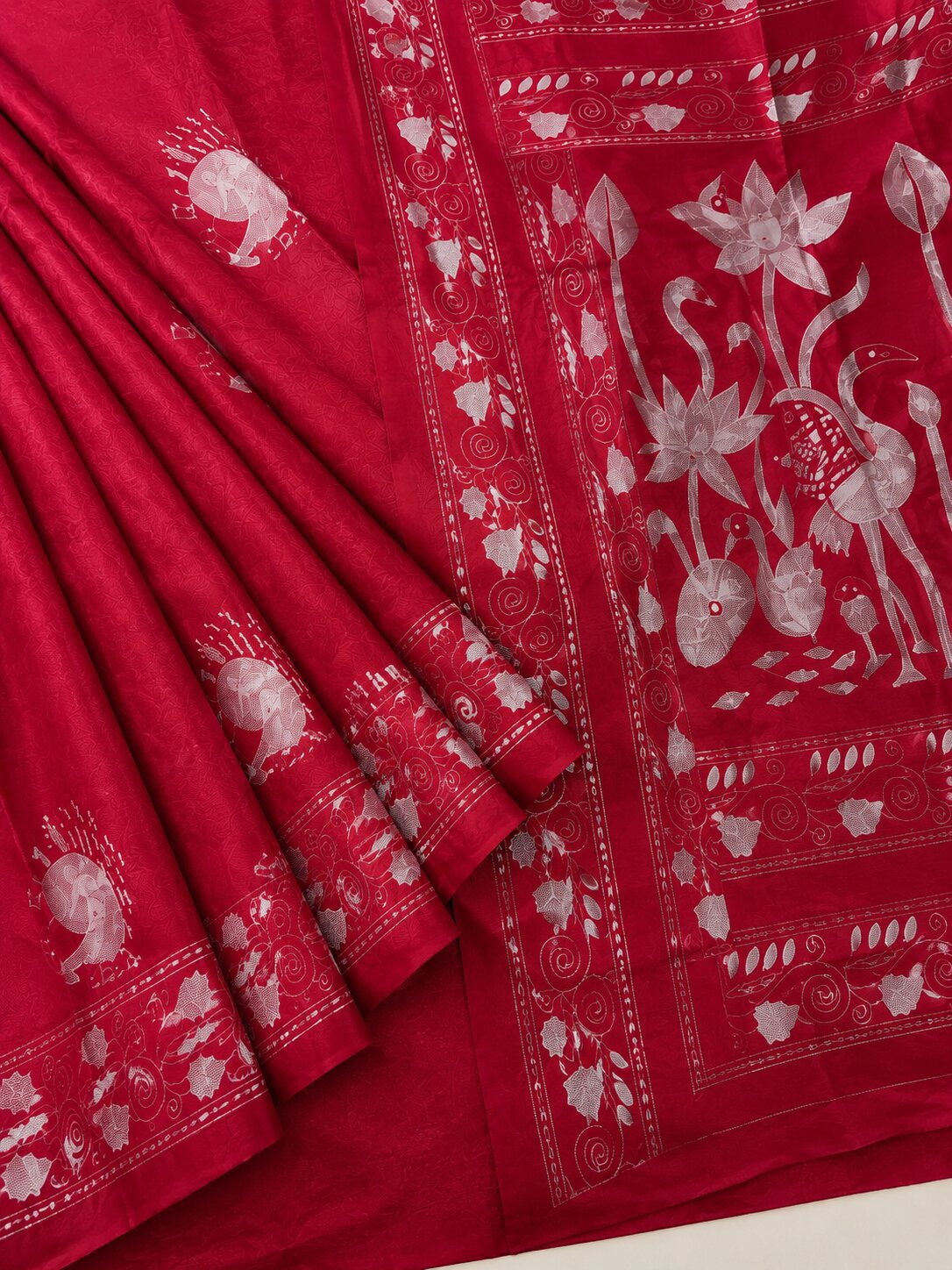 Laa Calcutta Pink & White hand-stitch embroidary silk blend kantha stitch saree