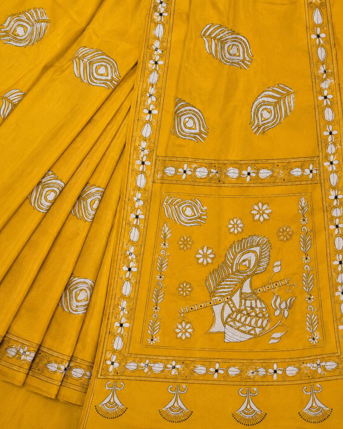 Laa Calcutta Yellow & White hand-stitch embroidary silk blend kantha stitch saree