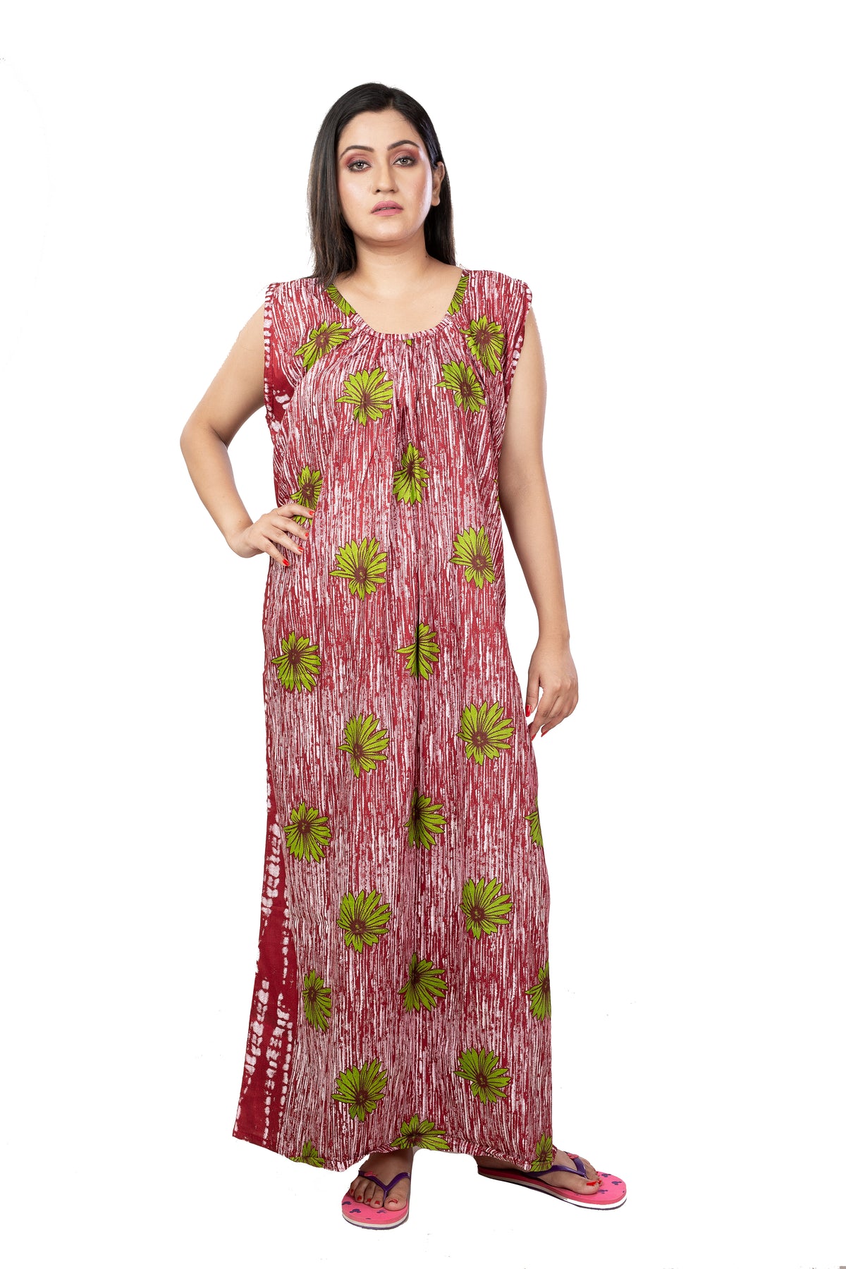 Maroon & Green pure cotton floral nighty