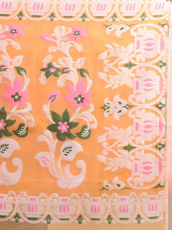 Laa Calcutta Orange & White Traditional Jamdani Saree | Weaved with White Color Cotton Thread and Multi Color Weaved Border | | Sarees without Blouse material FBSRMJ927