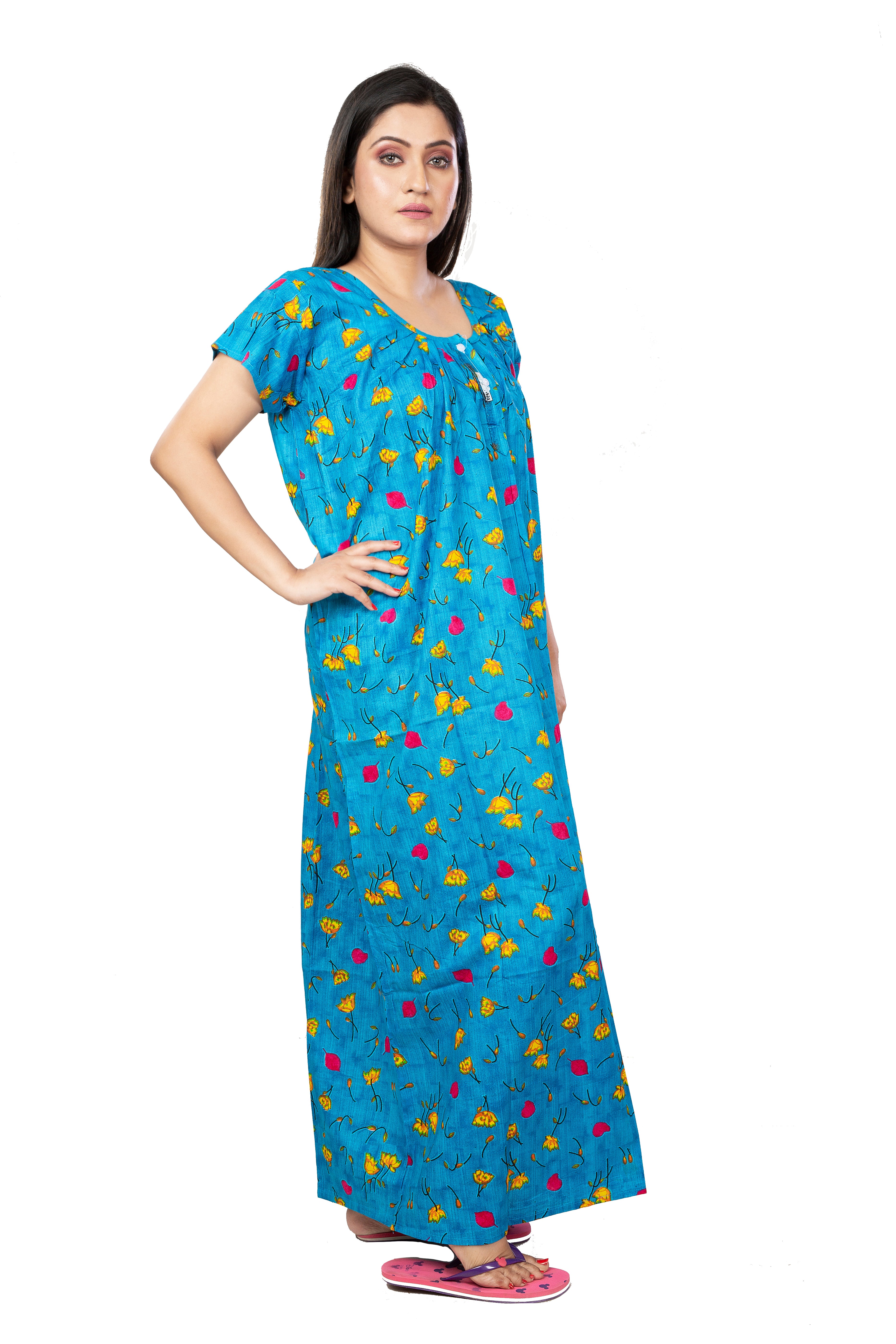 Blue & Yellow pure cotton floral nighty