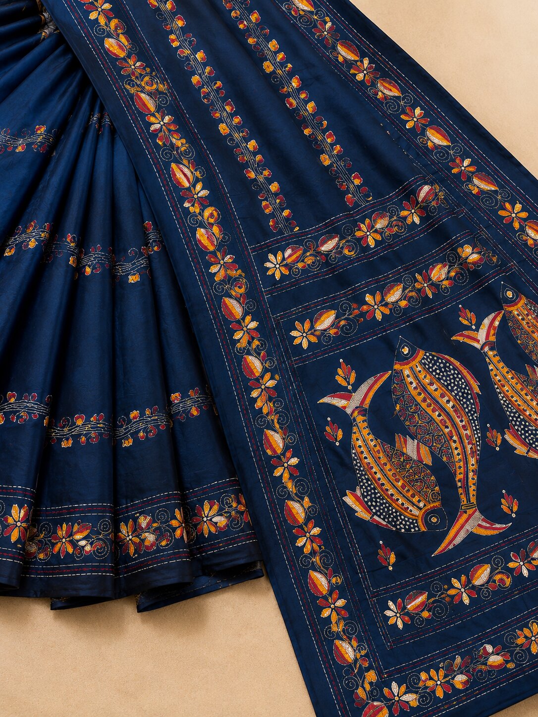 Laa Calcutta Navy Blue & Multi hand-stitch embroidary silk blend kantha stitch saree
