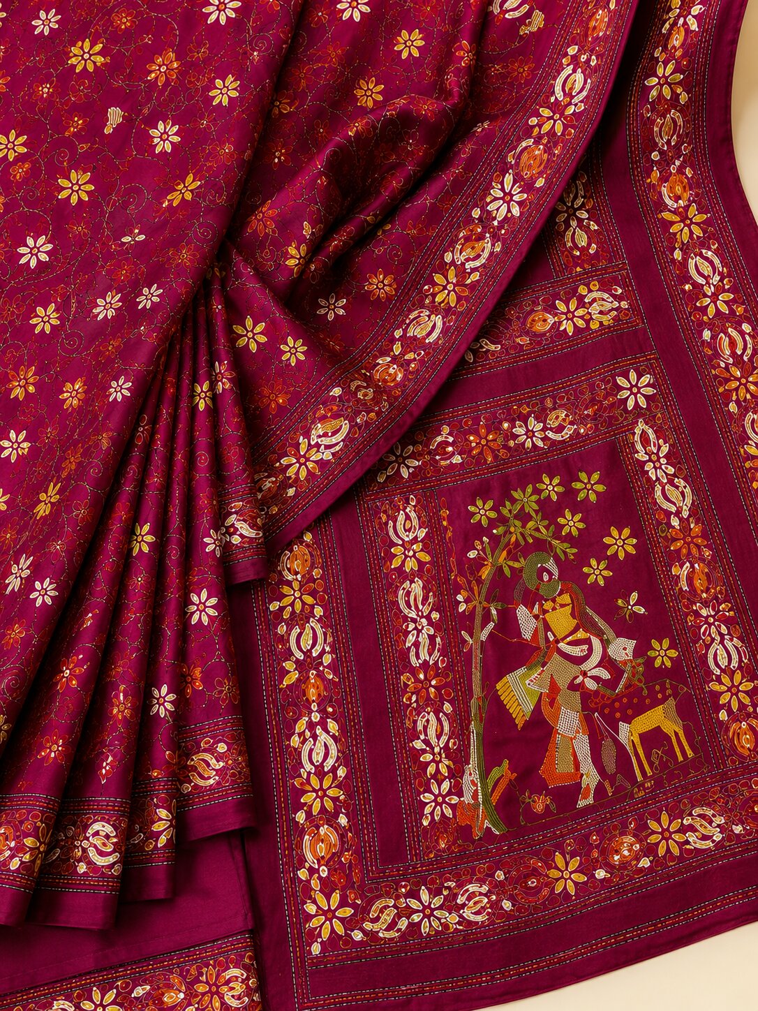 Laa Calcutta Magenta & Multi hand-stitch embroidary silk blend kantha stitch saree