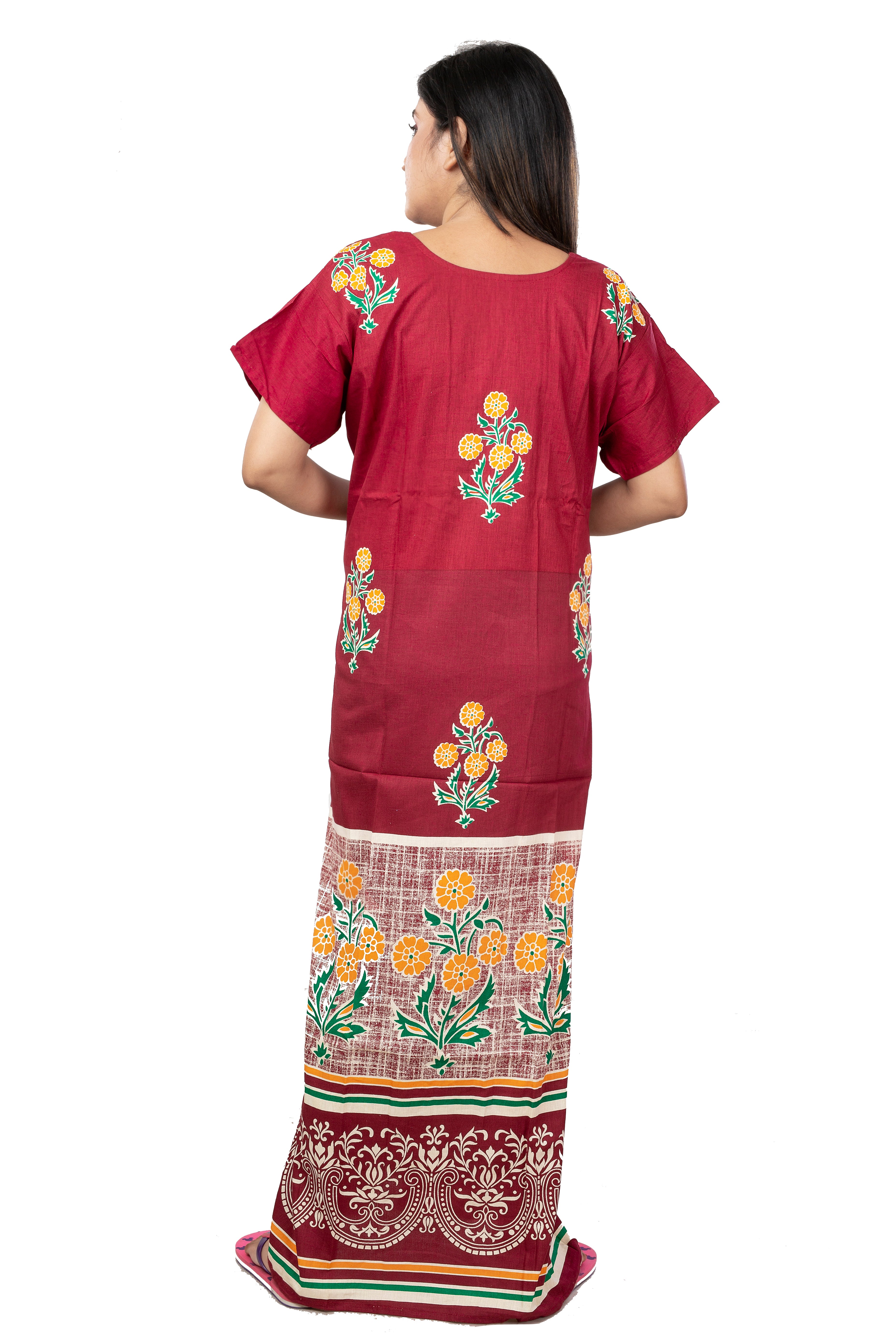 Maroon & Yellow pure cotton floral nighty