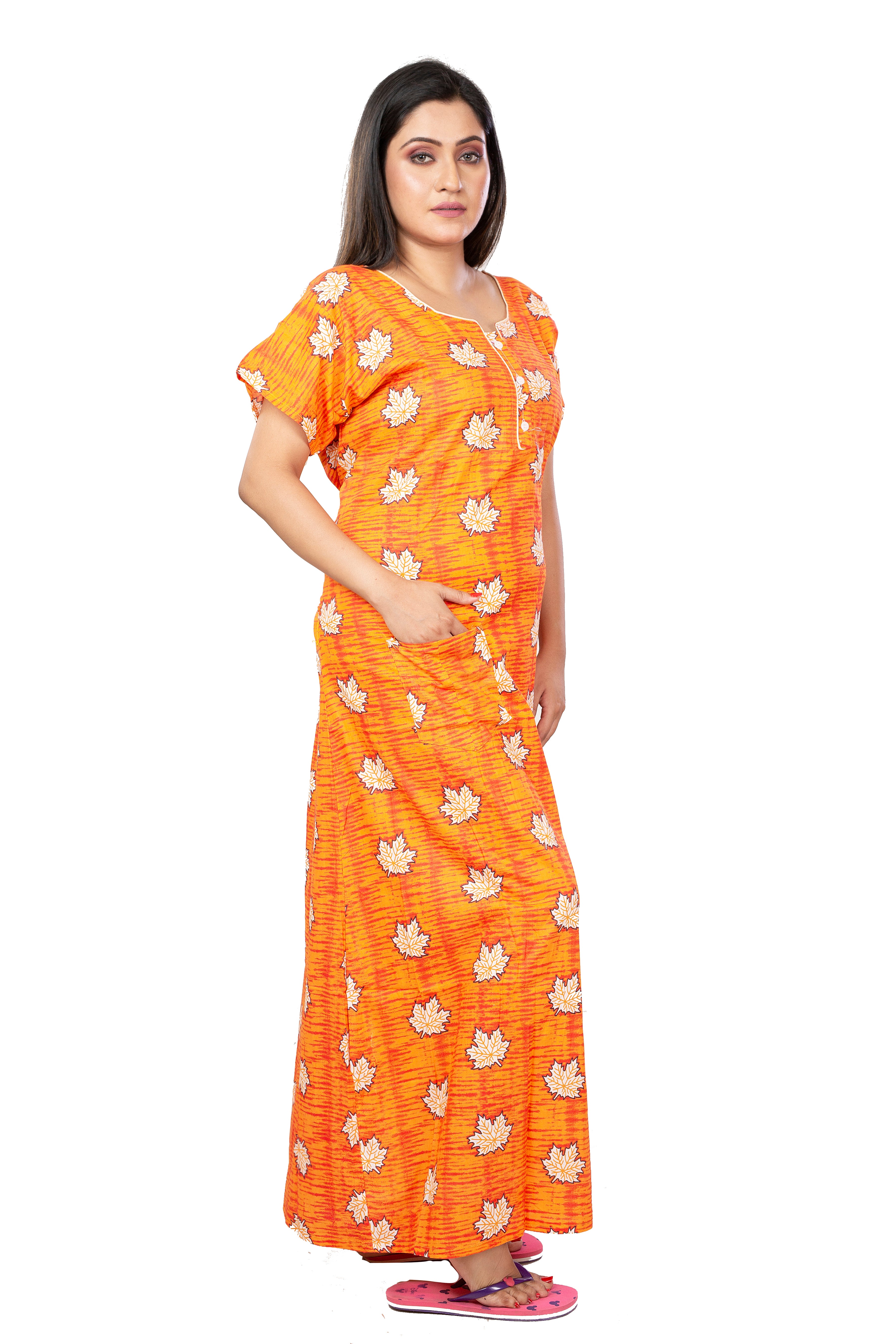 Orange pure cotton floral nighty