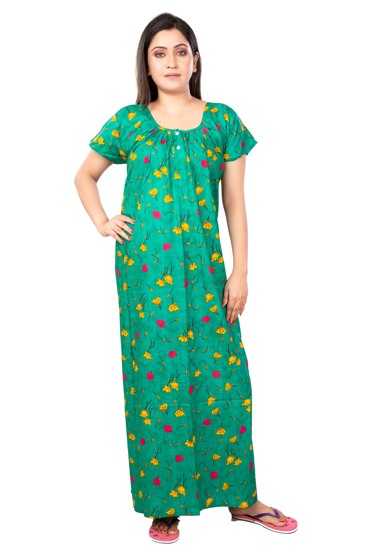 Green & Yellow pure cotton floral nighty