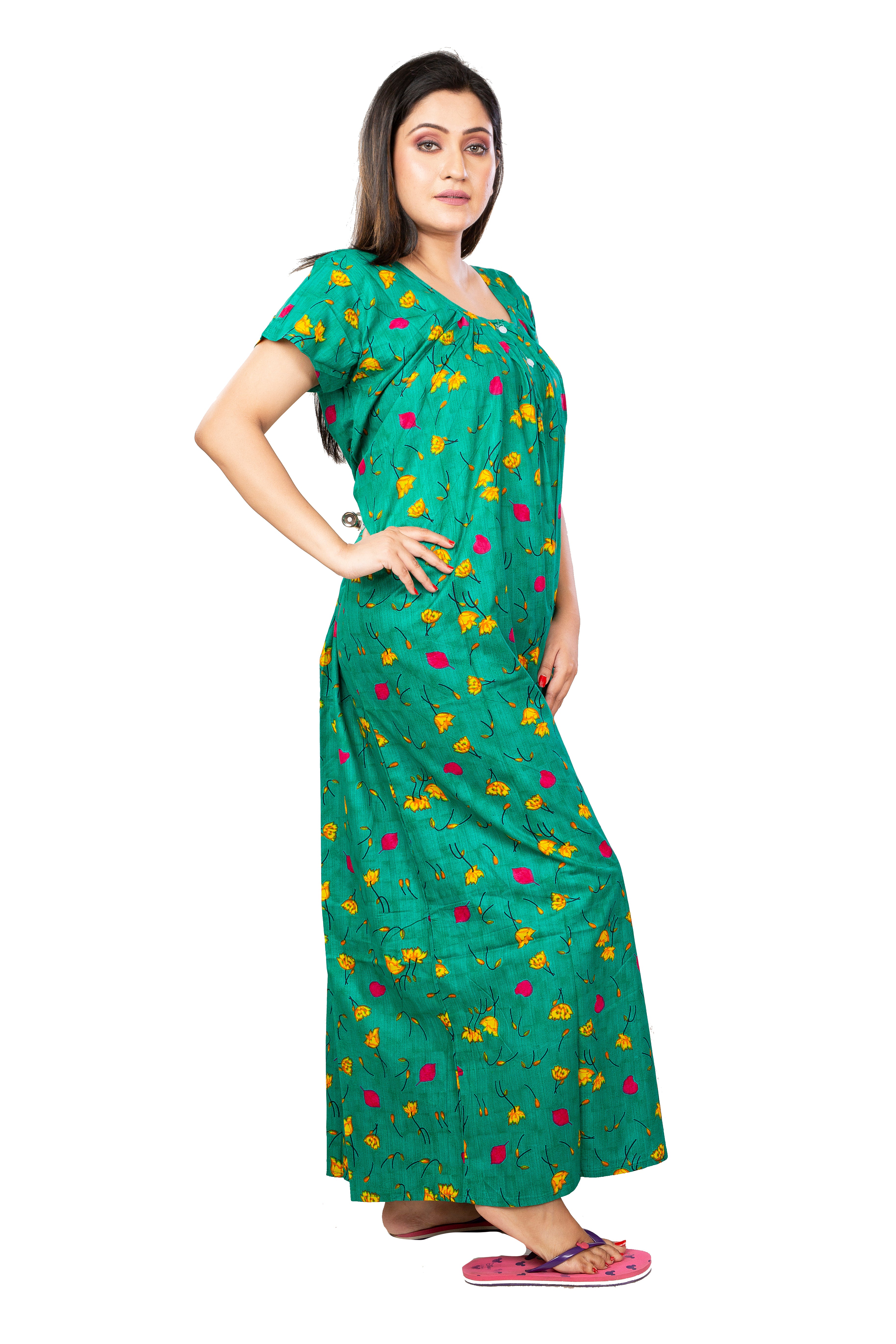 Green & Yellow pure cotton floral nighty