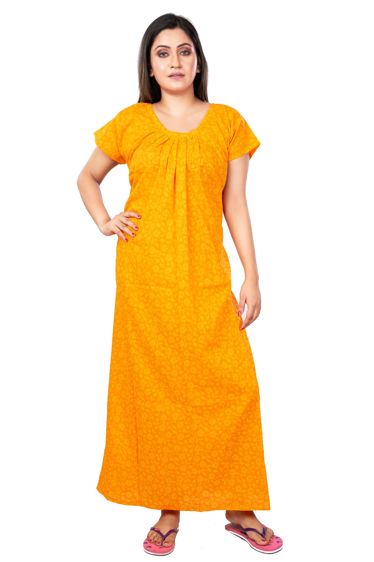 Yellow pure cotton floral nighty