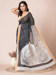 Black & Grey abstract design cotton hand painted saree