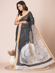 Black & Grey abstract design cotton hand painted saree