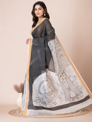 Black & Grey abstract design cotton hand painted saree