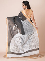 Black & Grey abstract design cotton hand painted saree