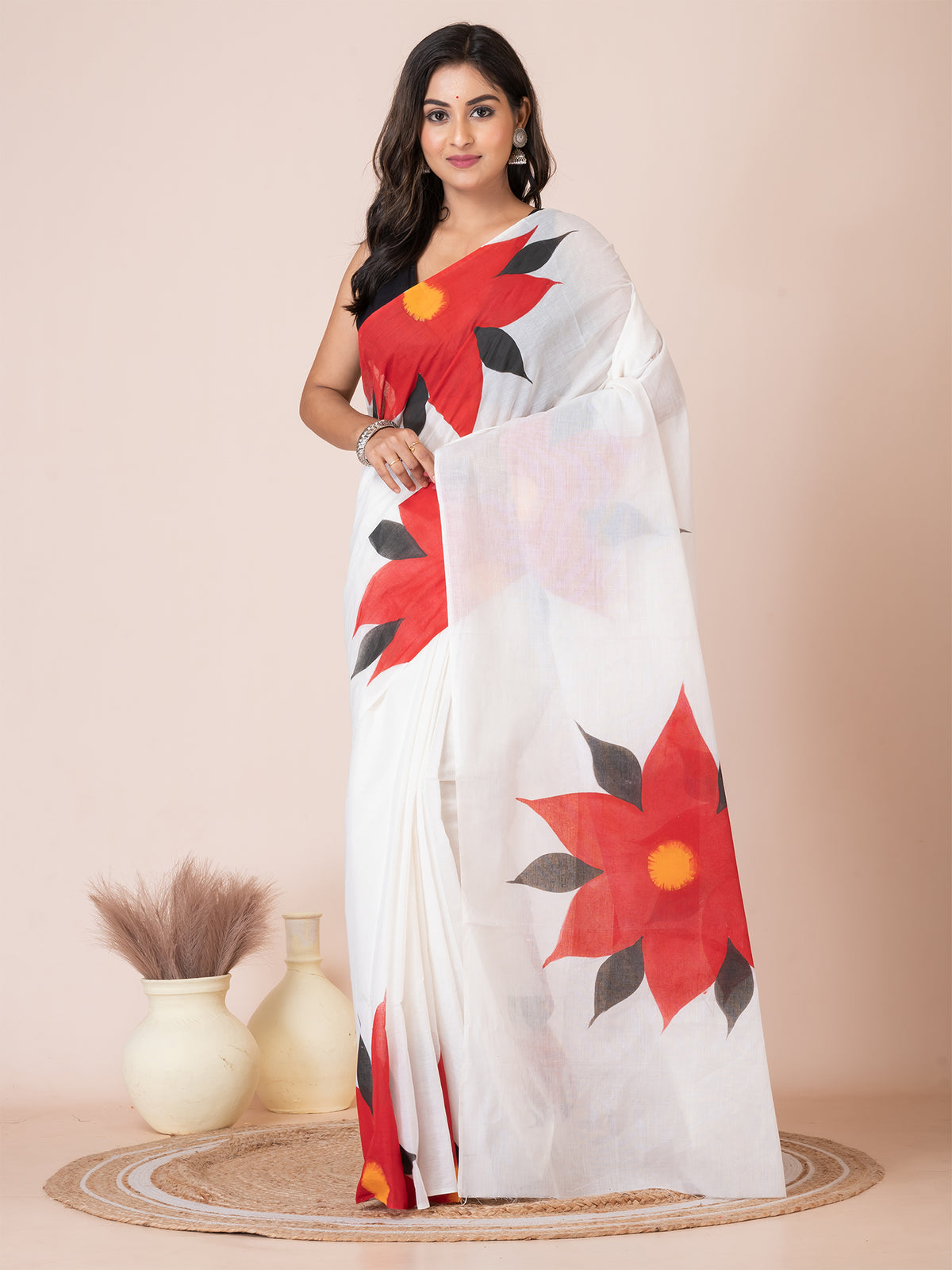 White & Red floral design cotton hand painted saree