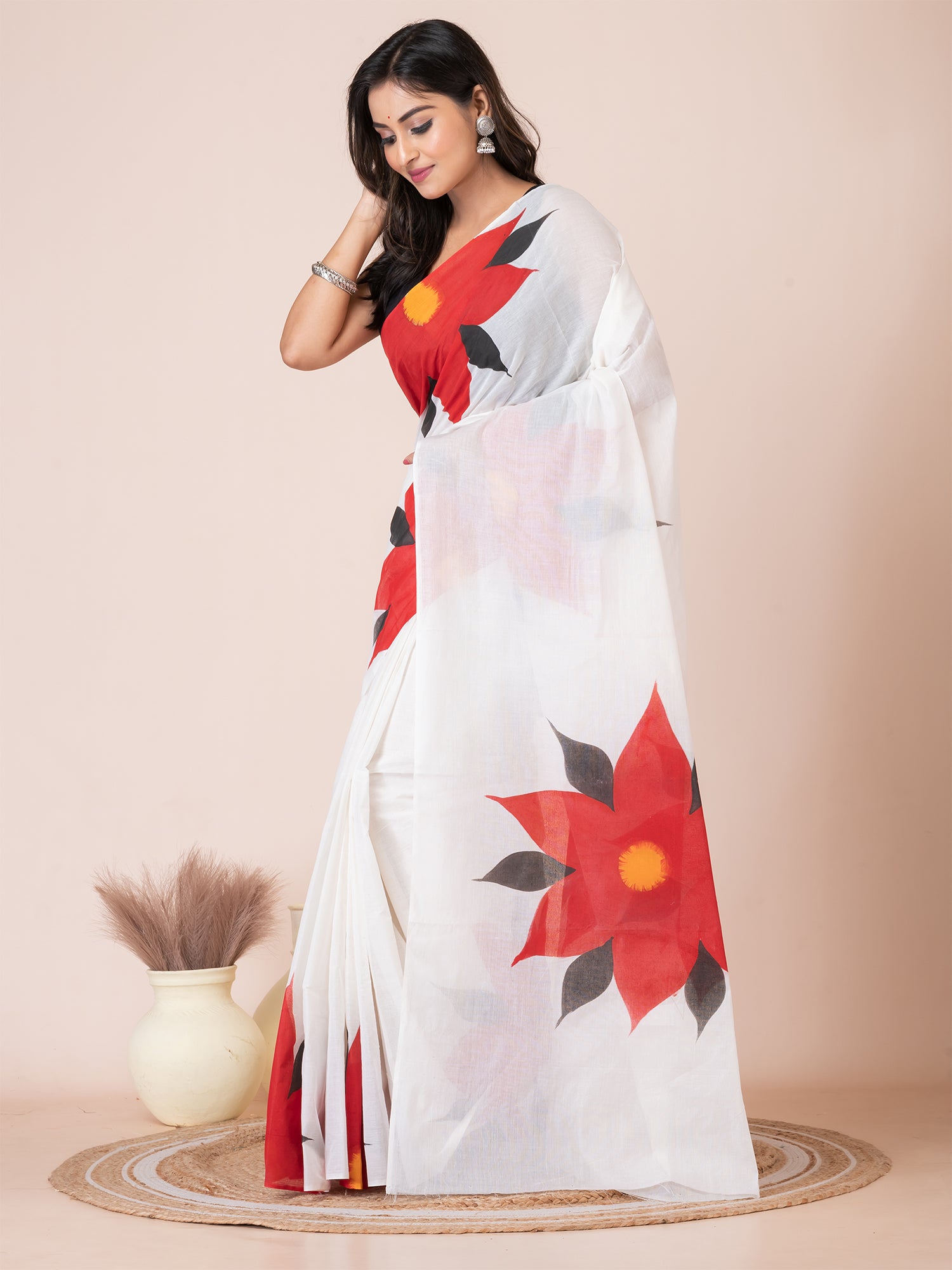 White & Red floral design cotton hand painted saree