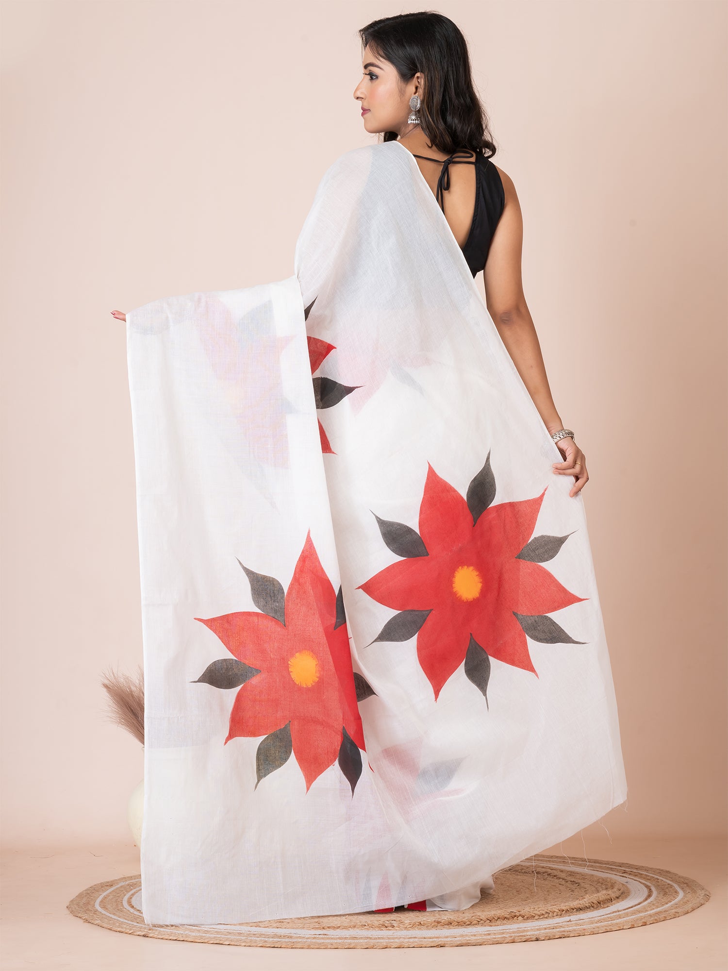 White & Red floral design cotton hand painted saree