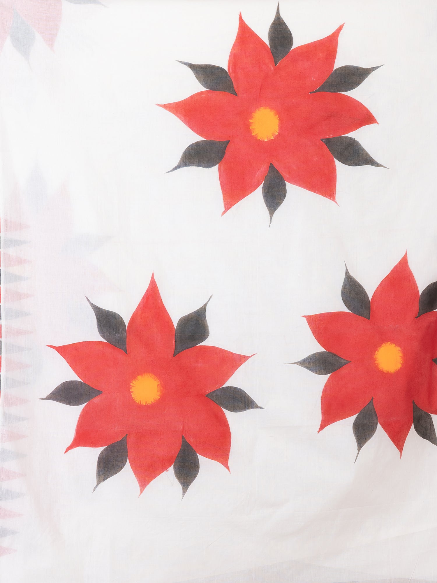 White & Red floral design cotton hand painted saree