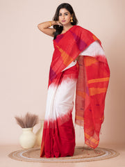 White & Red silk cotton solid handloom saree