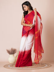 White & Red silk cotton solid handloom saree