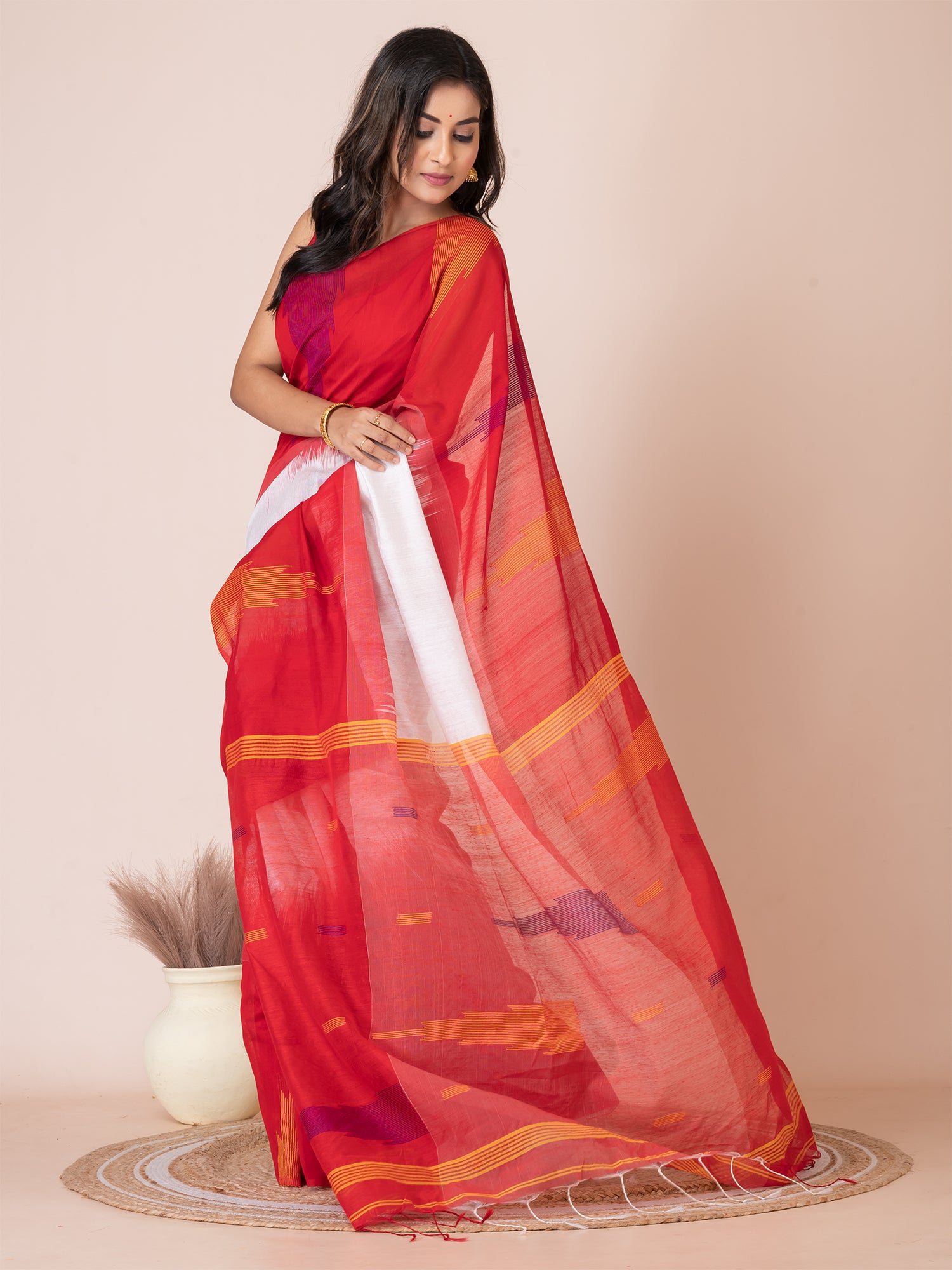 White & Red silk cotton solid handloom saree