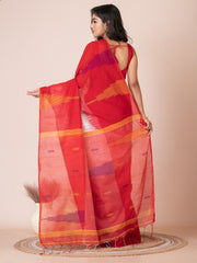 White & Red silk cotton solid handloom saree